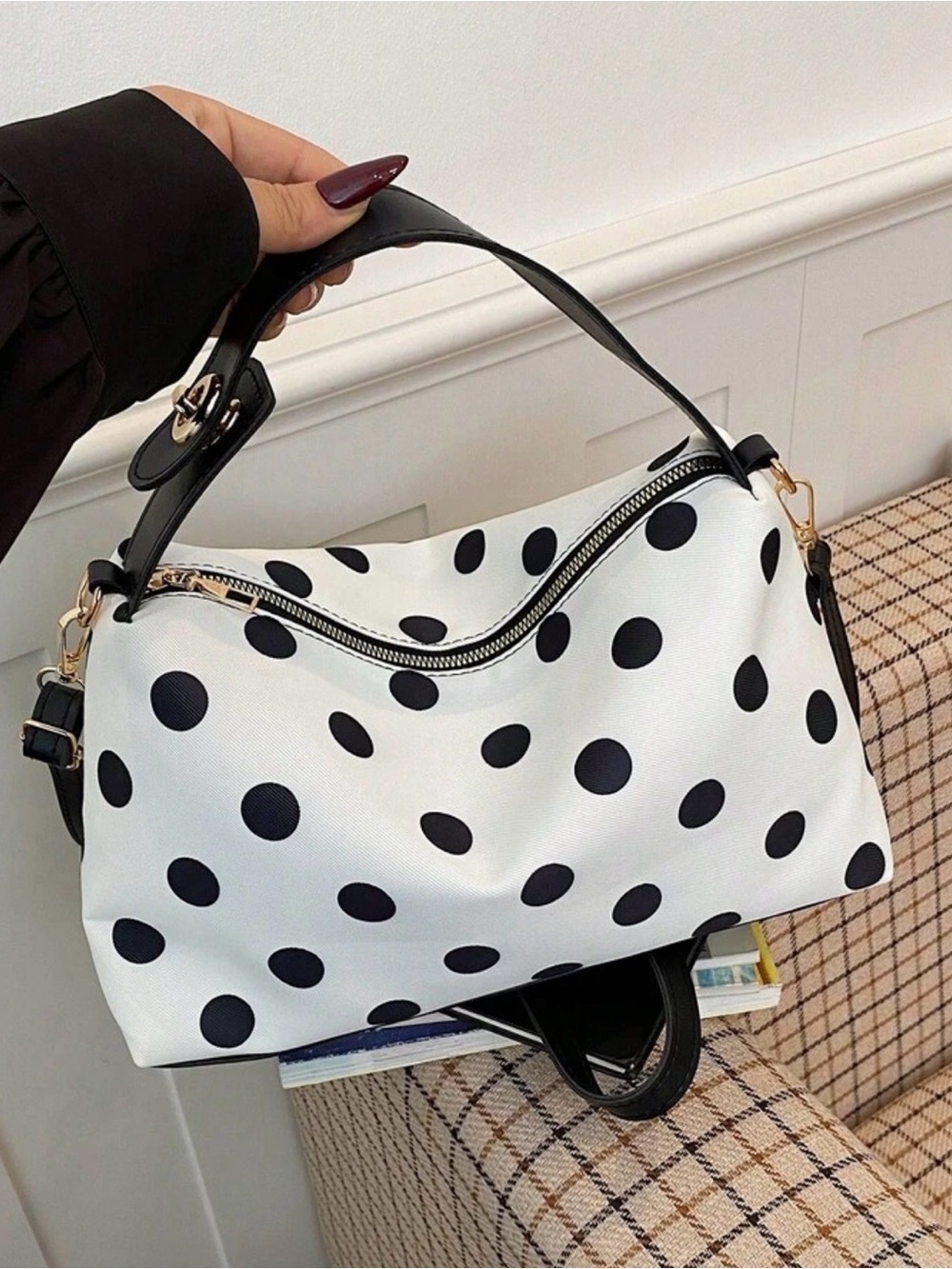 Polka Dot Top-Zip Shoulder Bag - Black & White